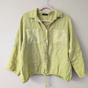 CHERISH  Women's Linen Blouse Button Down Roll Tab Sleeve Made Italy Sz X  / XL